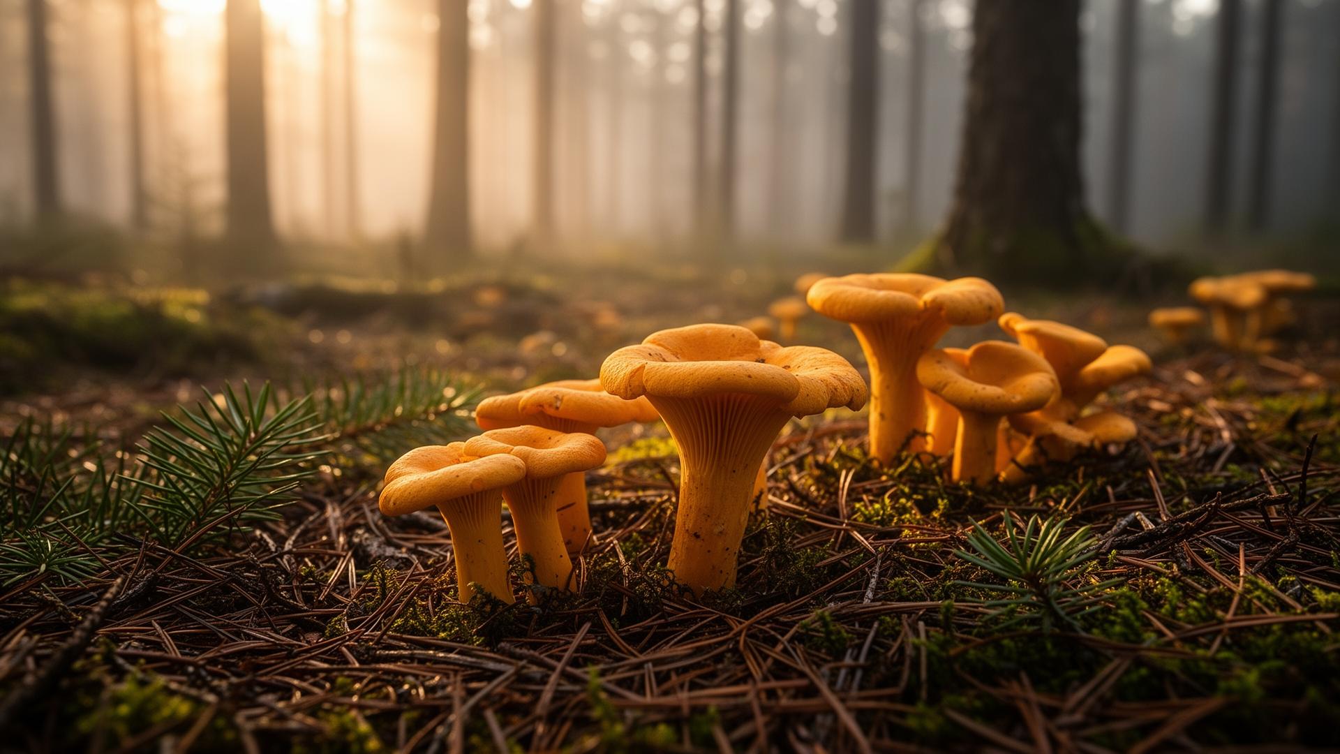 Kantareller i svensk skog vid gryning